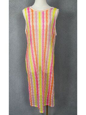 Miken Juniors' Sleeveless Neon Striped Knit Swimsuit Cover-Up Dress Multi XL NWT